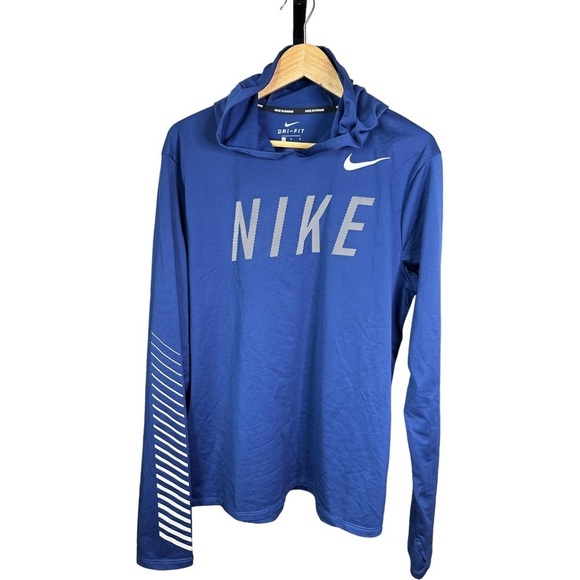 Nike Dri - Fit Blue Medium Light Weight Reflective Stretchy Running Hoodie L - Picture 1 of 8